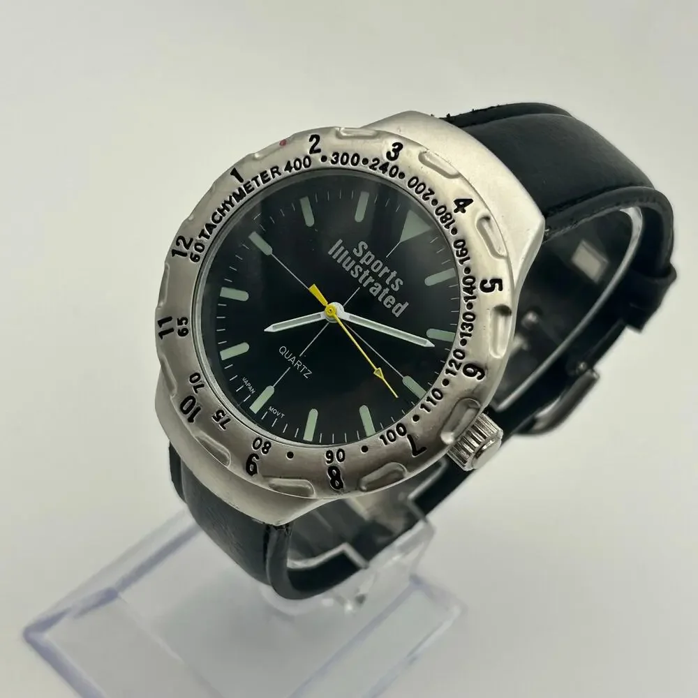 Sports Illustrated Silver Tone Rotating Bezel Black Leather Band Watch
